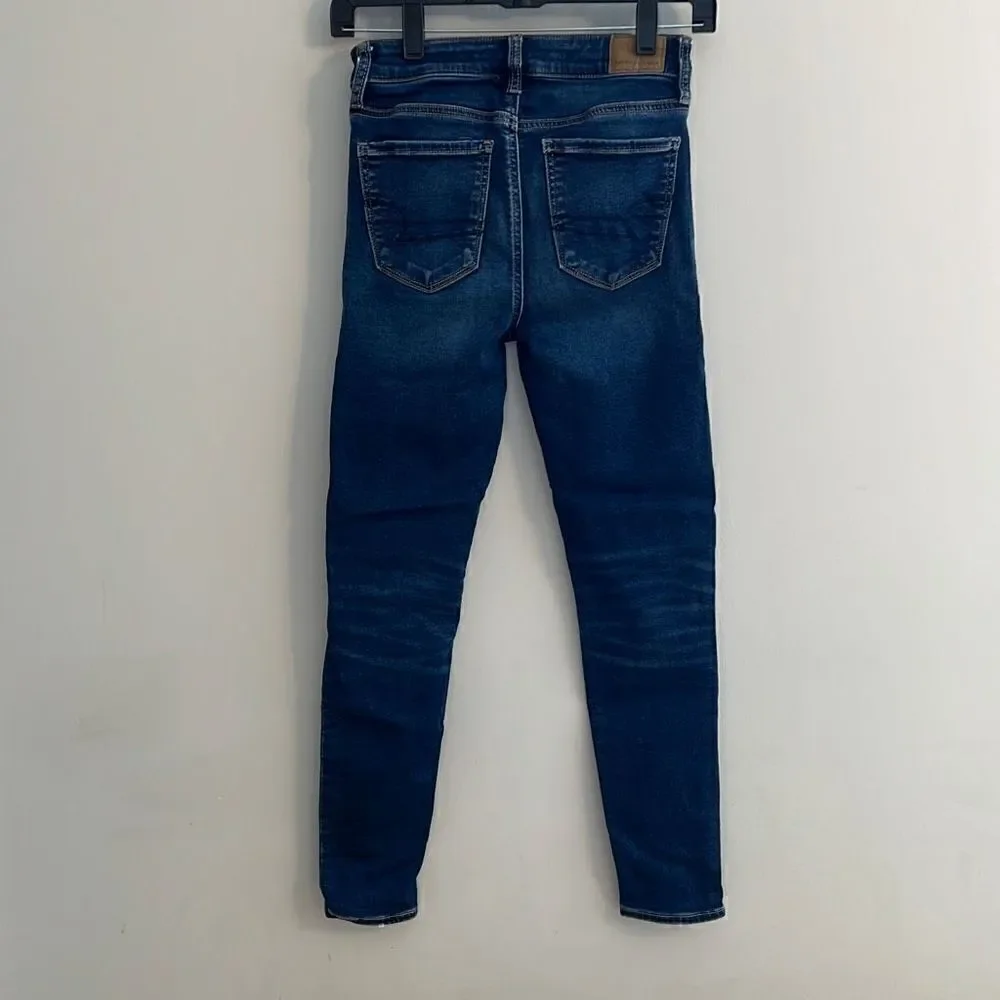 American Eagle Next Level Stretch Jeans Hi-Rise Jegging Dark Destroyed, 0 Short